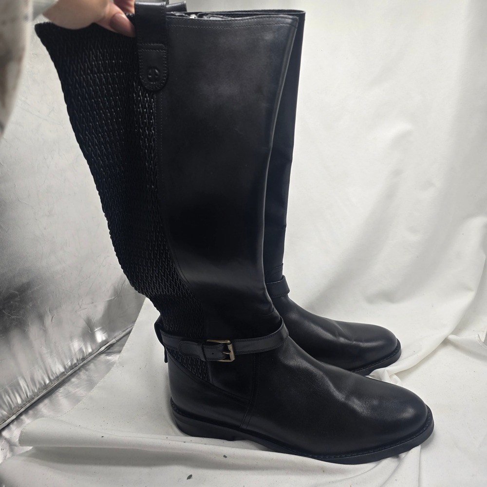 Cole Haan W27682 Knee High Boots Women 10B Black Leather Woven Stretch Riding